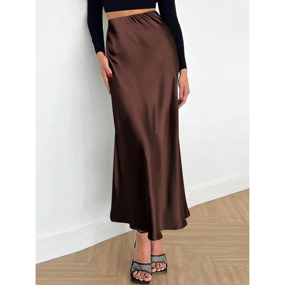 Elegant Satin Maxi Skirt for Women High Waisted Deep Brown Silk Dressy Casul - Picture 4 of 7